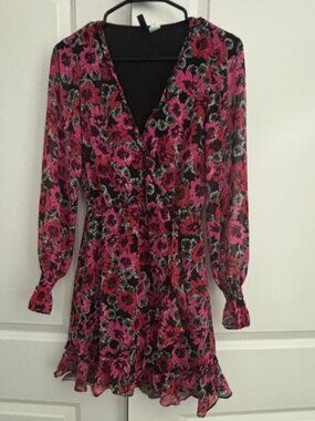 Divided H&M Floral Multicolor Sheer Sleeve Dress with ruffles hem, wrap and neck